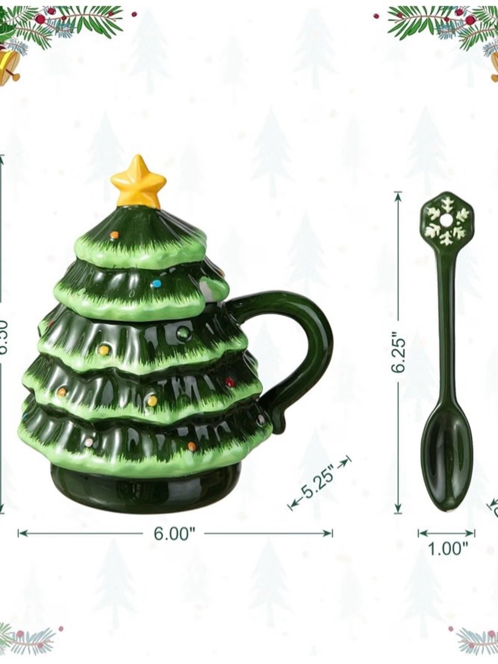 Ceramic Christmas Tree Mug with Spoon - Green & Yellow - Picture 3 of 7